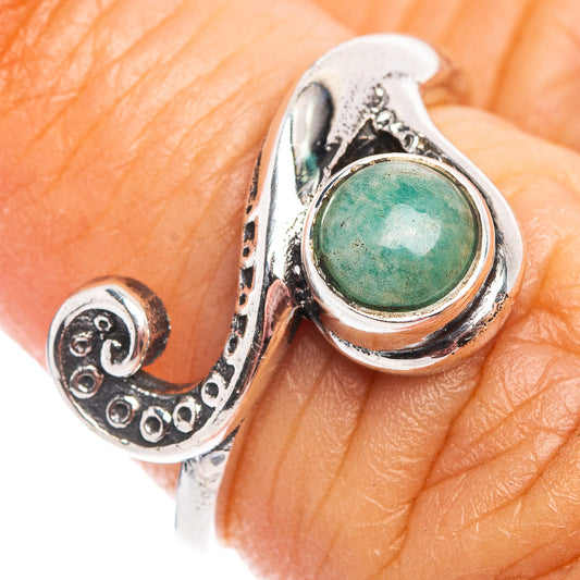 Sterling silver dainty wave ring with green oval amazonite cabochon and scroll details