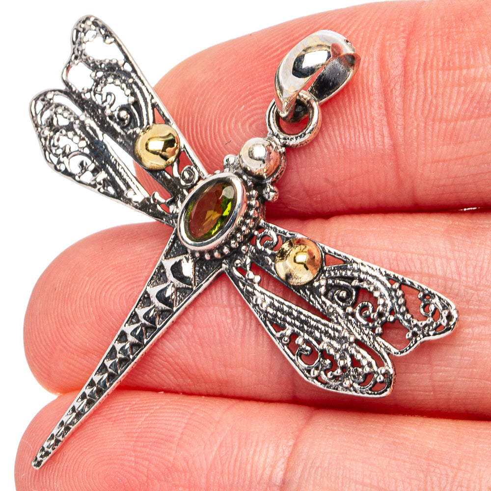 925 sterling silver dragonfly pendant with green oval stones and filigree wings