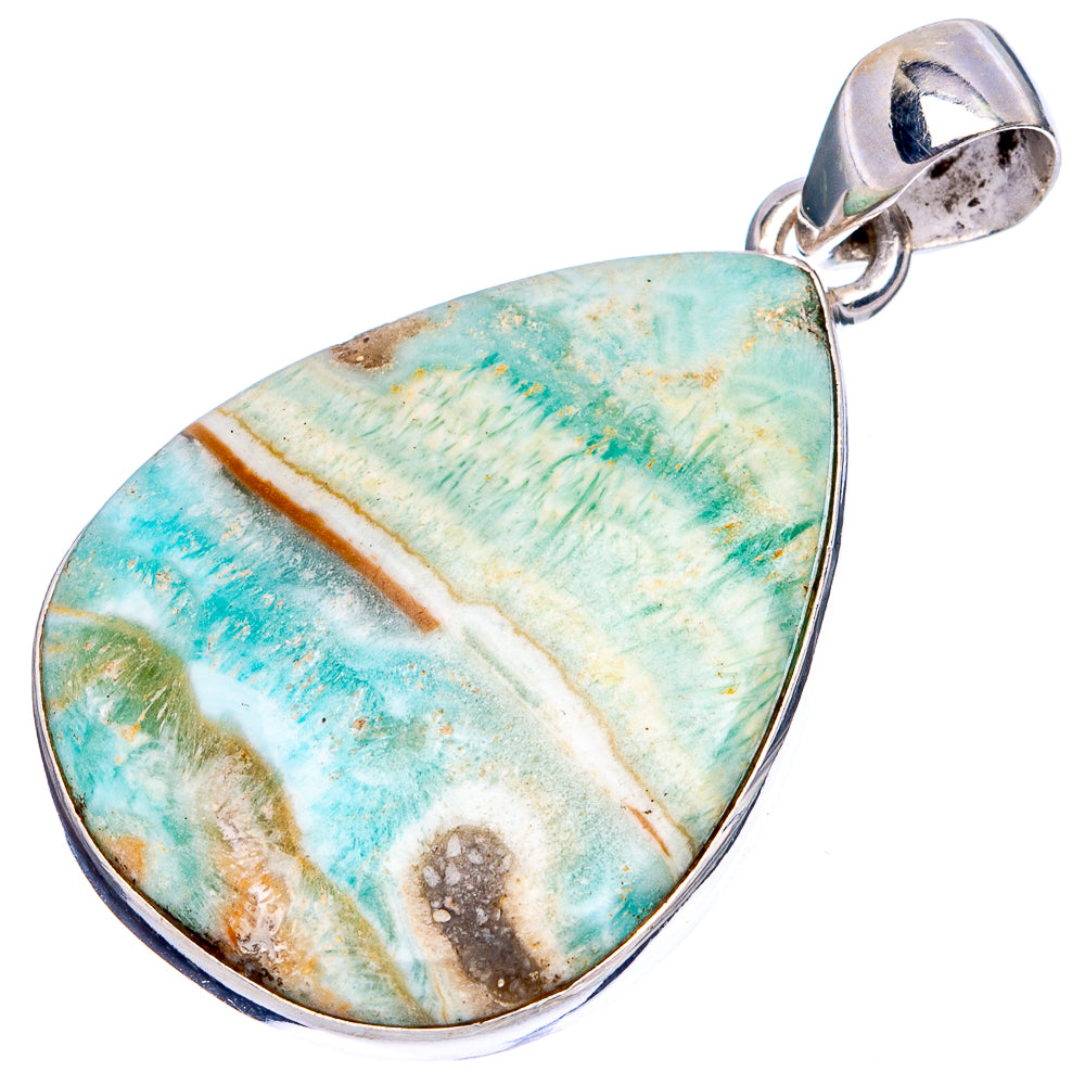 Silver teardrop aragonite pendant with blue-green marbled stone and top loop