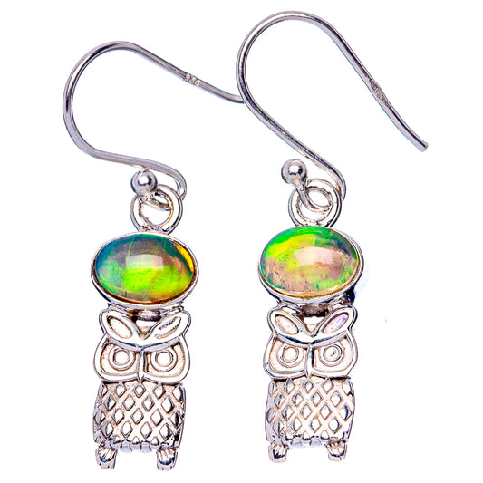 Rare Ethiopian Opal Owl Earrings 1 3/8" (925 Sterling Silver) E1545