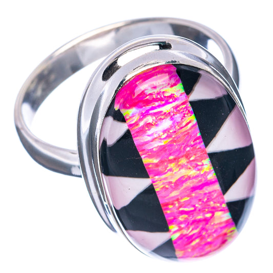 Oval opal ring in .925 sterling silver, pink iridescence with black and white check