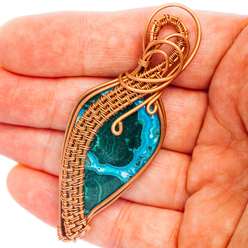 Malachite In Chrysocolla Wire Wrap Pendant 2 5/8" (Copper)