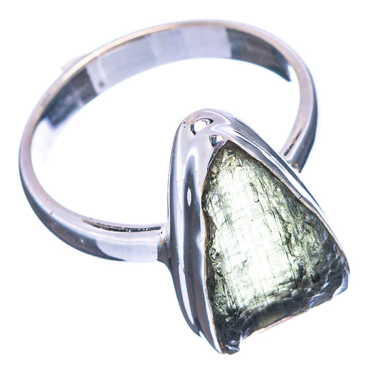 Sterling silver ring with green moldavite triangular stone in reflective open setting