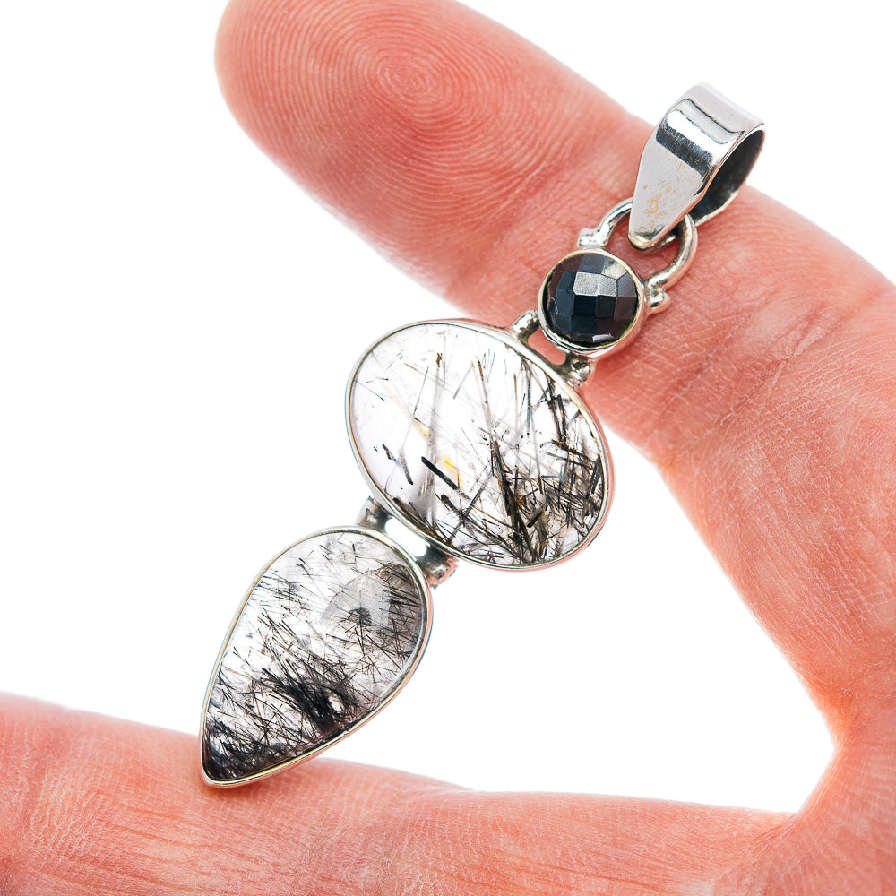 Premium Tourmalinated Quartz, Hematite Pendant 2 1/4" (.925 Sterling Silver)