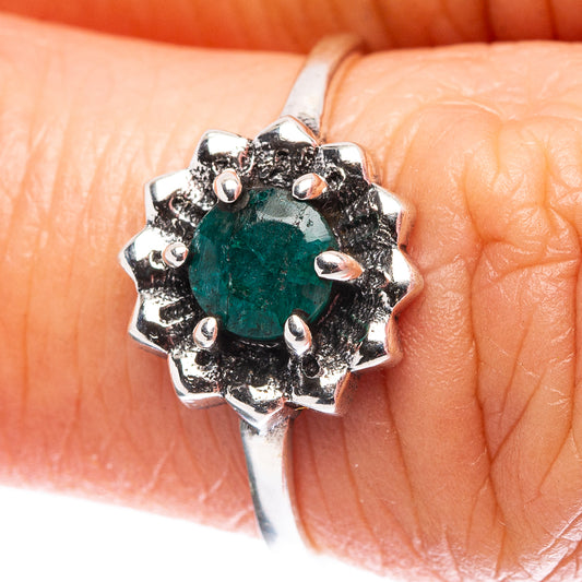 Sterling silver sillimanite ring with oval green stone and scalloped prong setting