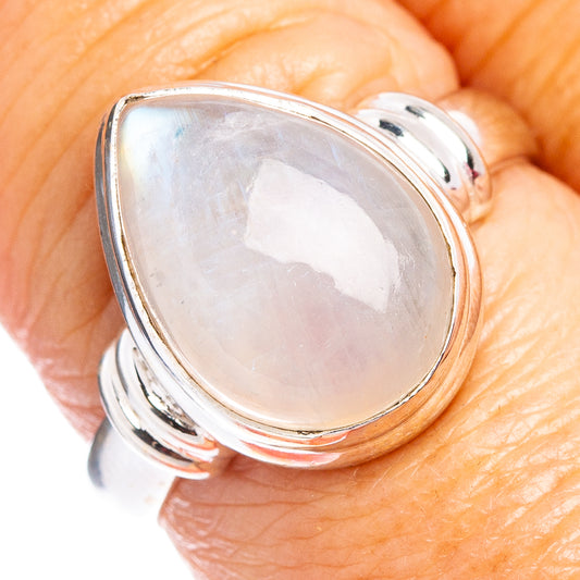 Rainbow moonstone ring in sterling silver, teardrop bezel with iridescent light center