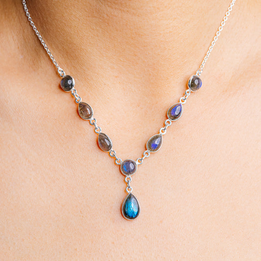 Sterling silver labradorite necklace with oval beads and blue teardrop pendant