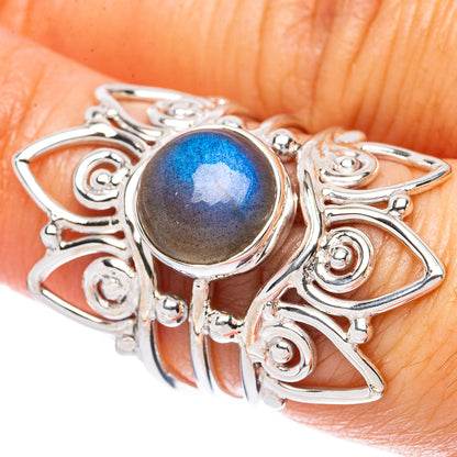 Sterling silver labradorite ring, round iridescent blue cabochon, ornate openwork band