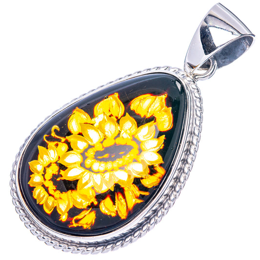 Amber Intaglio Sunflower Pendant 1 3/4" (925 Sterling Silver) P42568