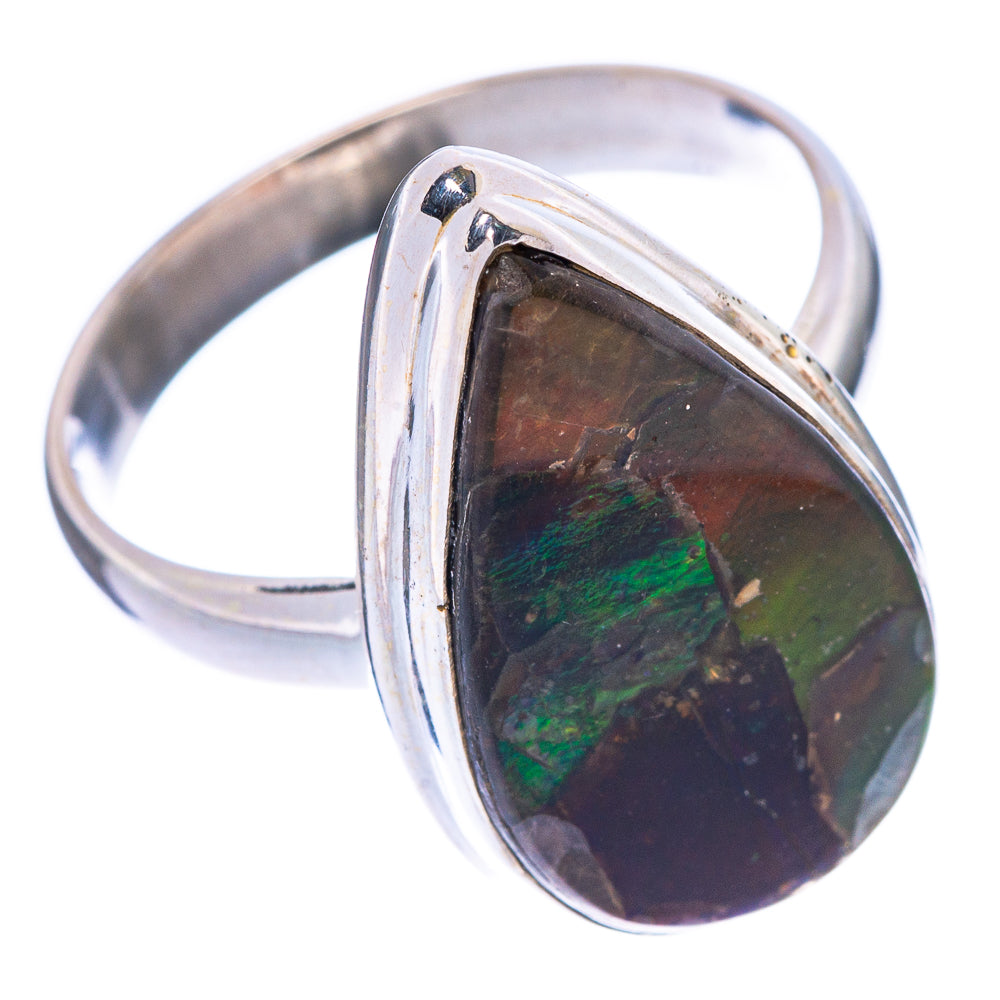 Sterling silver ammolite ring, oval gemstone in raised bezel with dark iridescent greens