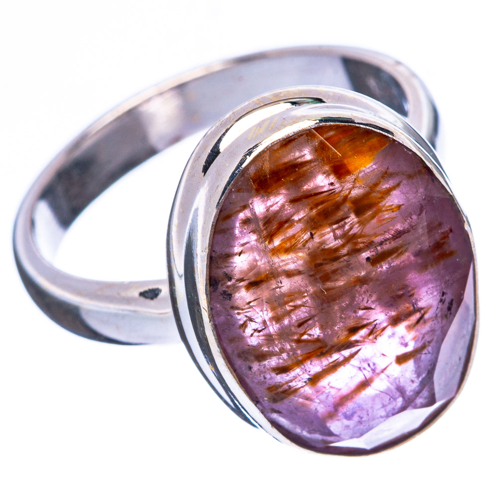 Sterling silver ring with oval purple cabochon, golden strands, size 6.5