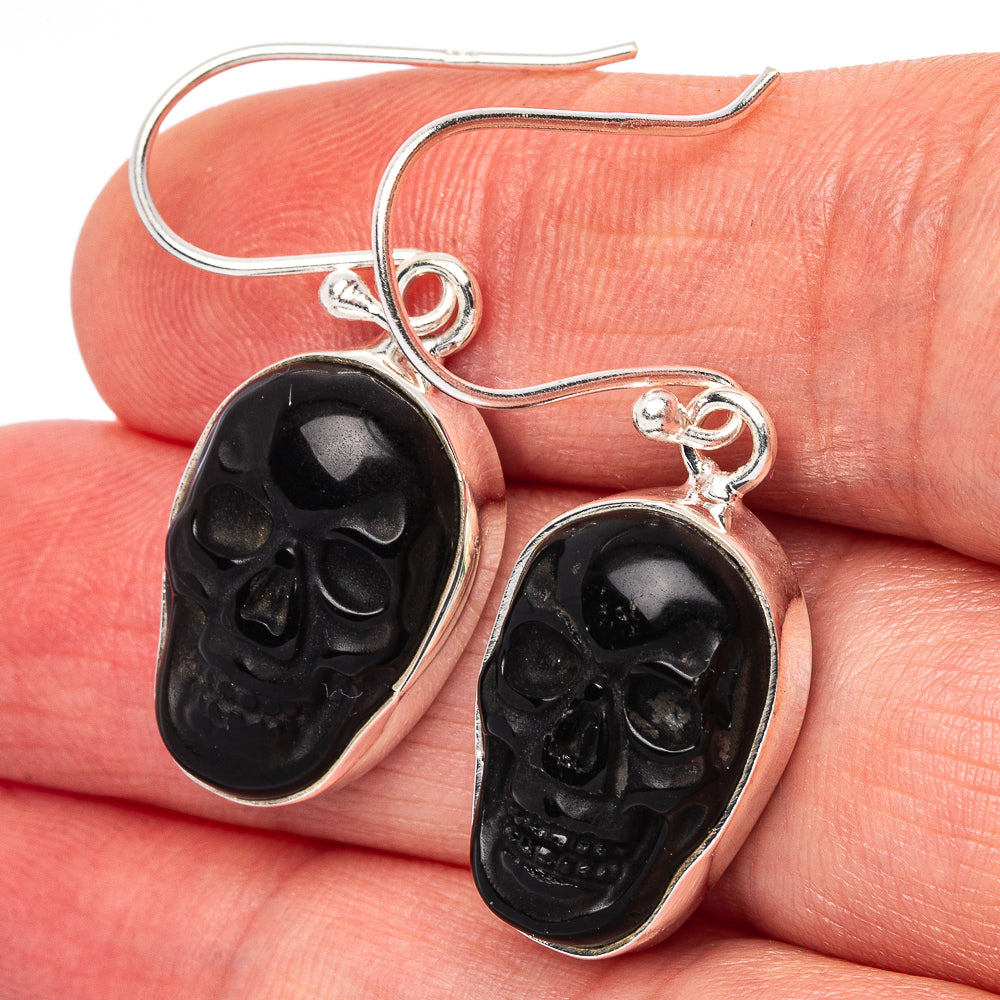 Black onyx skull drop earrings with 925 sterling silver bezel