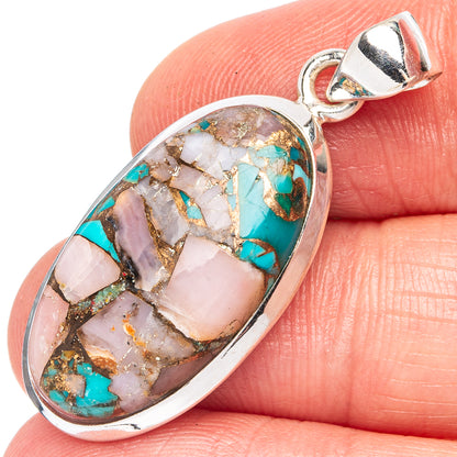 Copper Blue Turquoise Pink Opal Pendant 1 3/8" (925 Sterling Silver) P43501