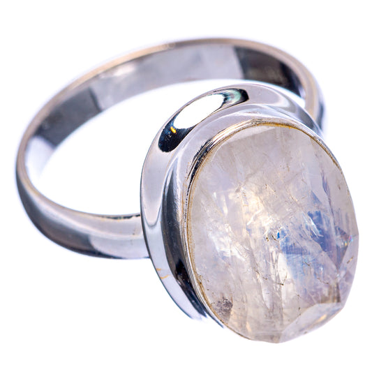 Sterling silver signet-style ring with faceted oval moonstone set in raised bezel