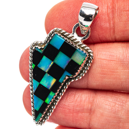Opal-style lightning bolt pendant with blue-green checker pattern in silver frame