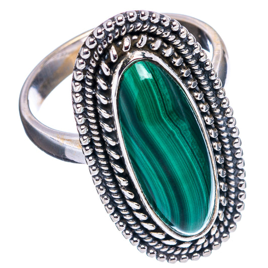 Sterling silver malachite oval ring, green stone in scalloped bezel