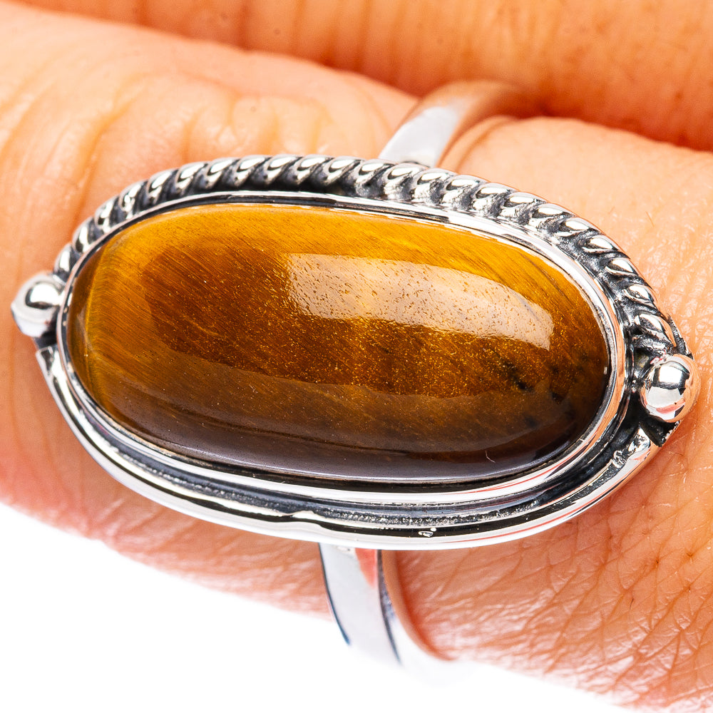 925 sterling silver tiger eye ring, oval golden-brown stone with rope bezel