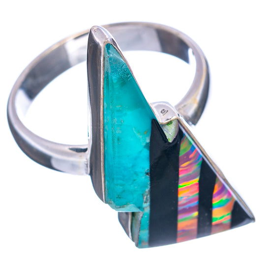 Side view turquoise opal bolt ring with black and rainbow striped inlays, silver band
