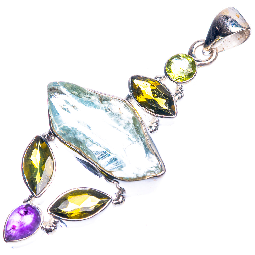 925 silver pendant with rough aquamarine, green round stone, and purple teardrops