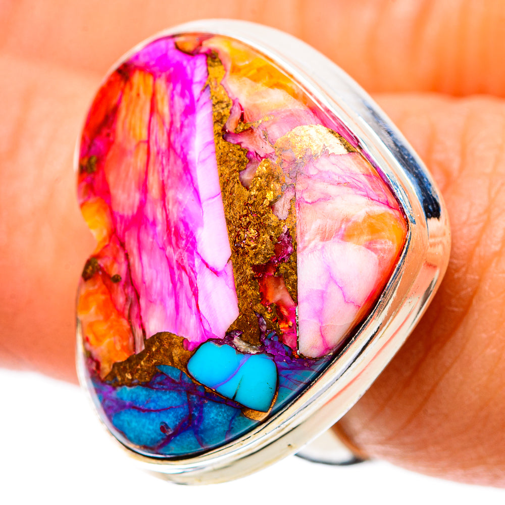 Heart-shaped multicolor resin ring with turquoise accents, pink tones, and silver frame