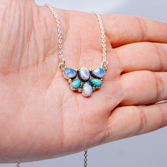 Southwestern Style Aurora Opal, Mohave Turquoise Necklace 17 to 19" (.925 Sterling Silver)