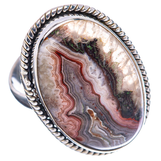 Sterling silver crazy lace agate oval ring, full setting with twisted rope border