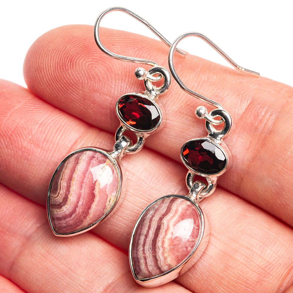 Sterling silver drop earrings with red rhodochrosite heart and dark red faceted stones