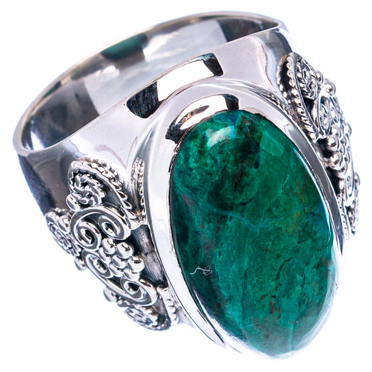 Green oval chrysocolla gemstone ring in .925 sterling silver with carved side band, size 7
