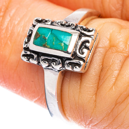 Turquoise stone silver ring with ornate rectangular frame, size 5.75