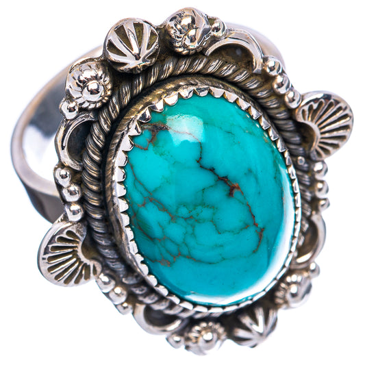 Turquoise oval sterling silver ring, detailed scalloped border and metal petal accents