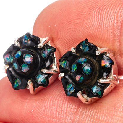 Rare Opal Black Onyx Flower Earrings 1/2" (925 Sterling Silver) E1116