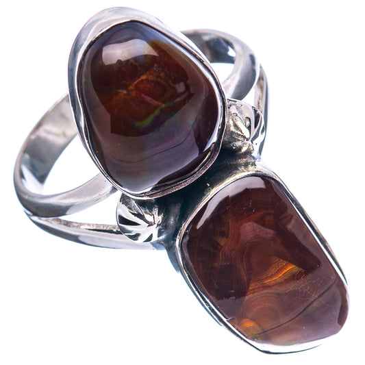Sterling silver fire agate ring with two oval stones, dark top and amber bottom