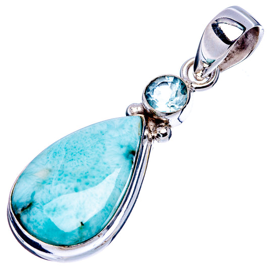 Sterling silver larimar teardrop pendant with blue topaz round stone and bail