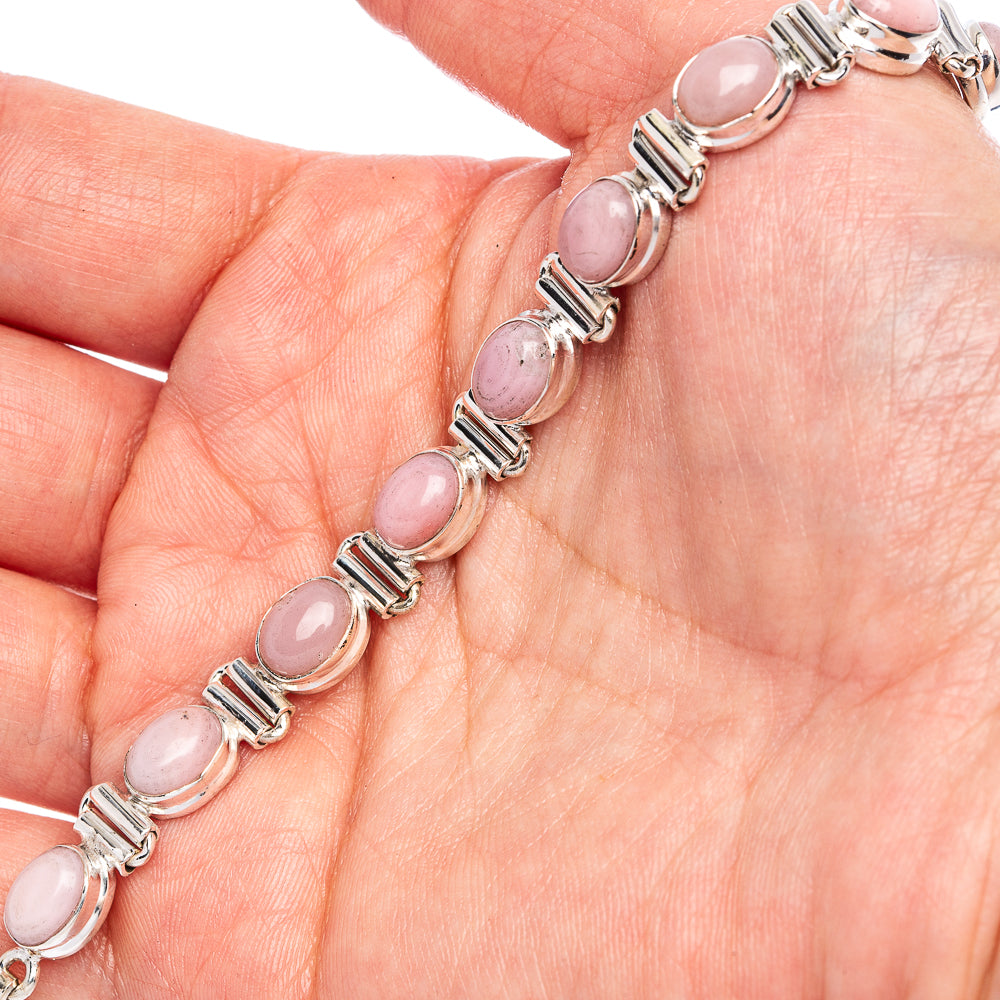 Pink opal sterling silver bracelet with oval stones in hinged link settings