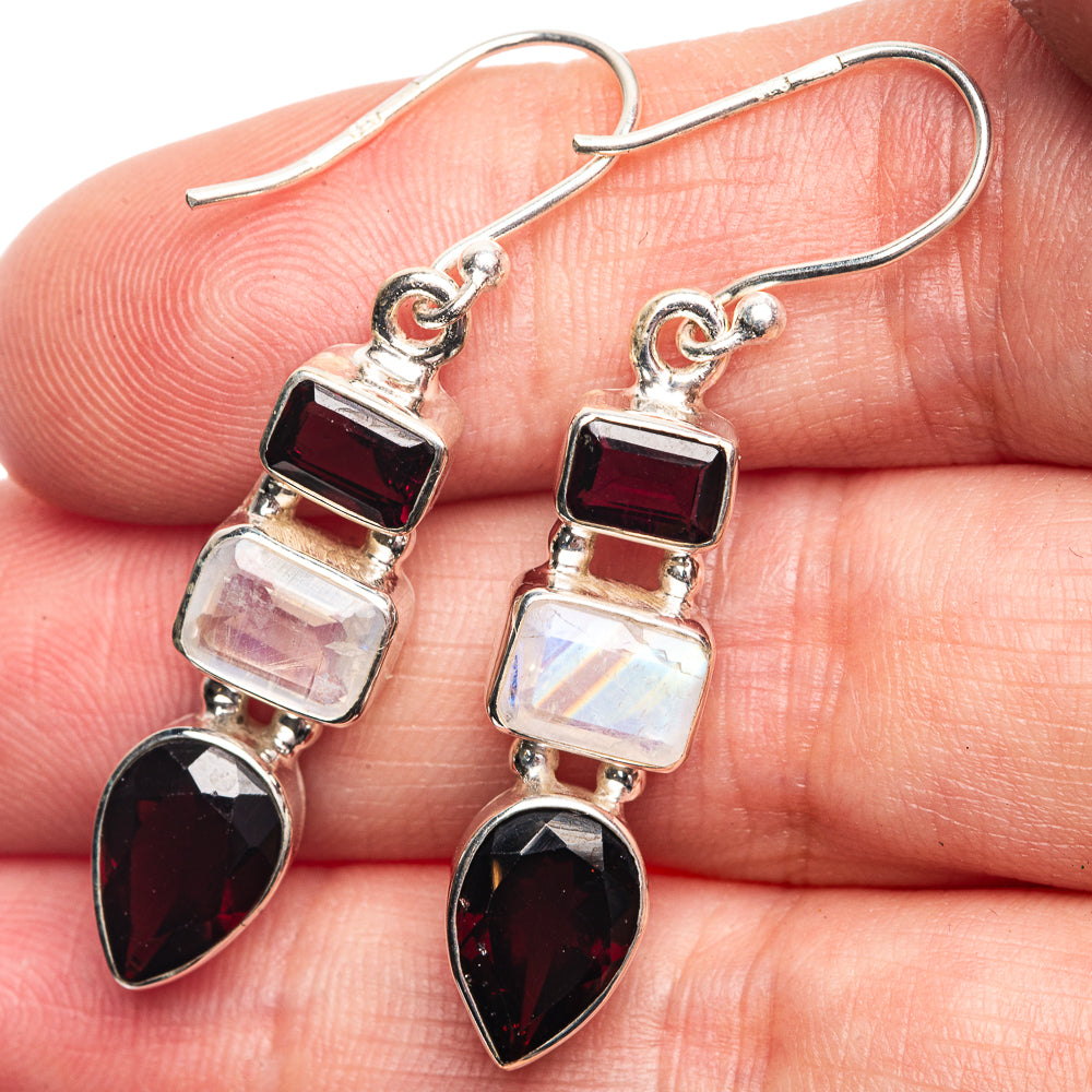 Garnet, Rainbow Moonstone Earrings 1 5/8" (925 Sterling Silver) E432520