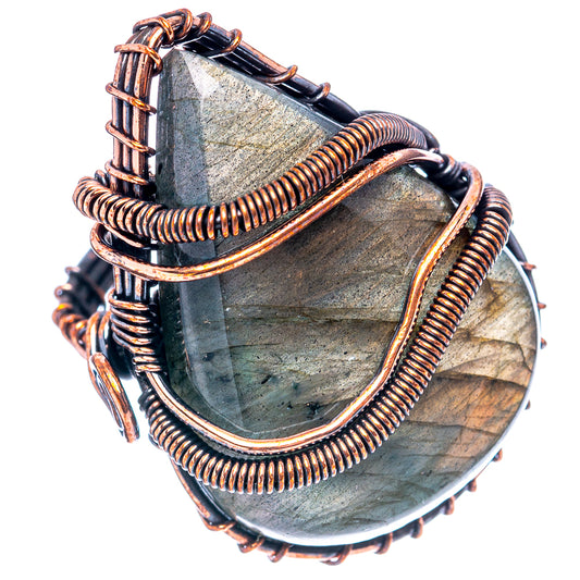 Oxidized copper wire wrap labradorite ring, size 6, openwork teardrop setting