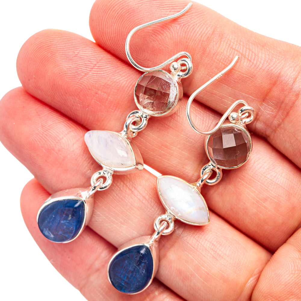 Premium Kyanite, Kyanite, Rainbow Moonstone, Green Amethyst Earrings 2 1/8" (.925 Sterling Silver)