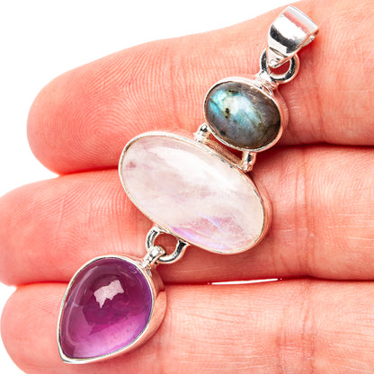 Premium Huge Rainbow Moonstone, Amethyst, Labradorite Pendant 2 1/8" (.925 Sterling Silver)