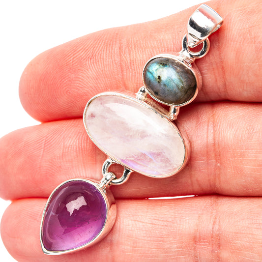 Sterling silver pendant with oval moonstone, amethyst, and labradorite stones