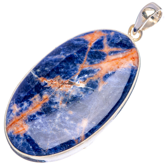 Oval sodalite pendant with mottled blue and orange veining, silver top bail