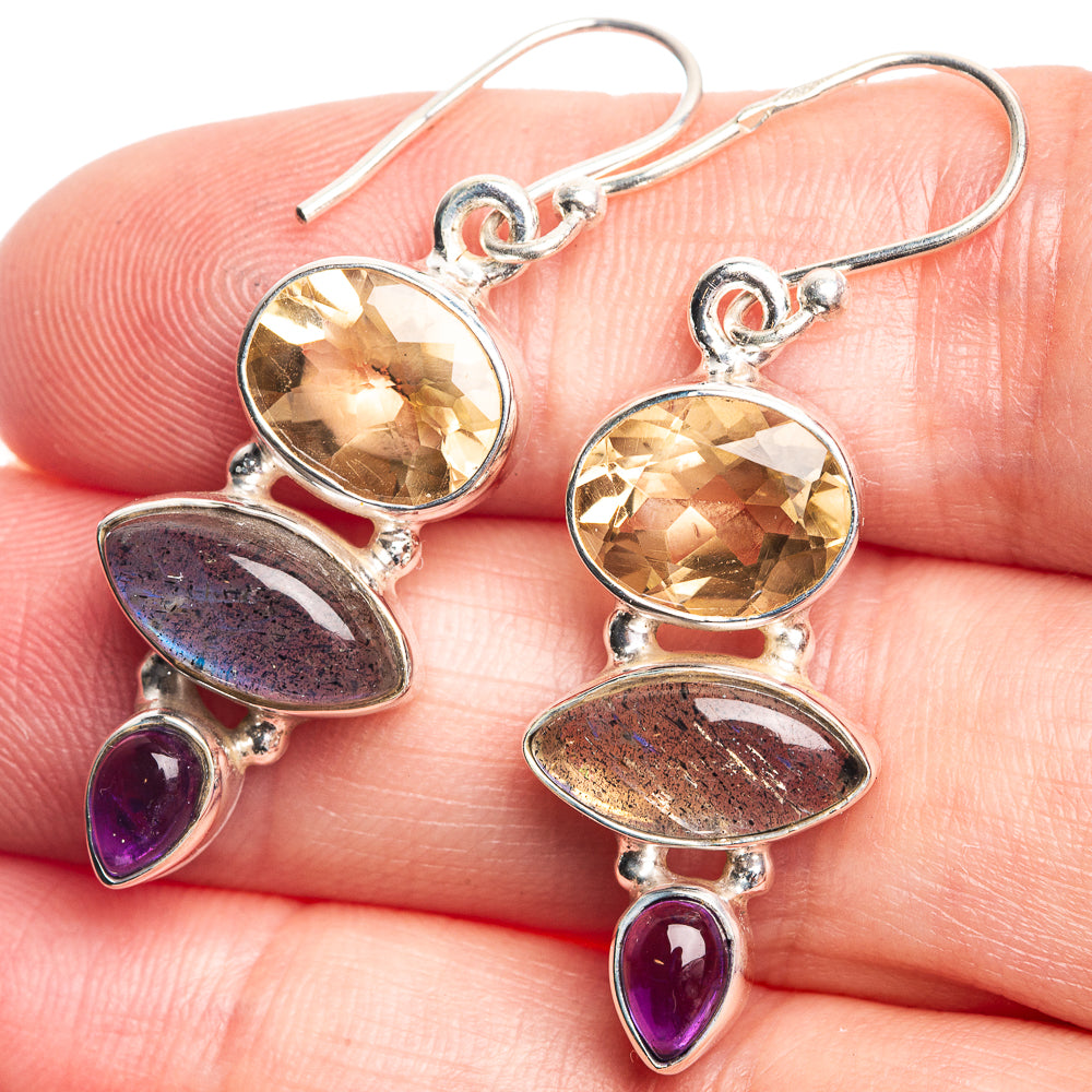 Faceted Citrine, Labradorite, Amethyst Earrings 1 5/8" (925 Sterling Silver) E432473