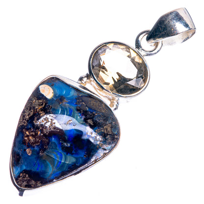 Sterling silver pendant featuring blue boulder opal heart and smoky round stone bezel