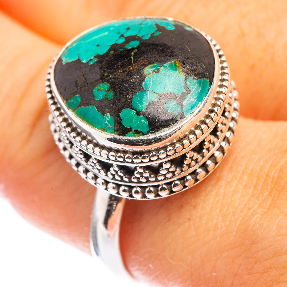 Oval turquoise cabochon ring, 925 sterling silver, size 9.75, beaded silver setting