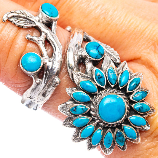 Kingman turquoise flower ring with round and oval blue stones, .925 silver setting