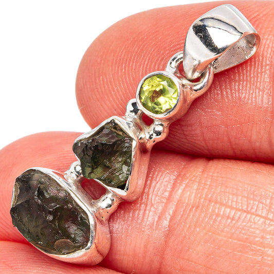 925 sterling silver moldavite & peridot pendant with rough green stones and round peridot