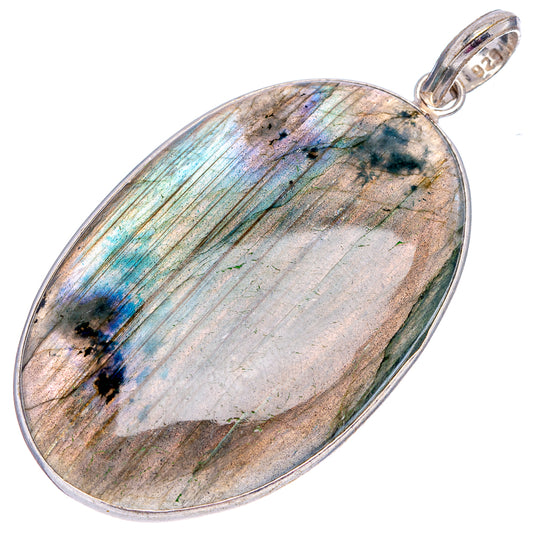 Oval labradorite pendant in silver-plated bezel with loop bail, iridescent blue-green
