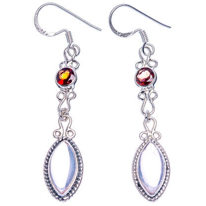 925 sterling silver earrings with red garnet spheres and iridescent moonstone teardrop