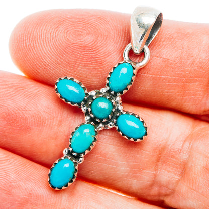 Southwestern Style Kingman Turquoise Cross Pendant 1 5/8" (.925 Sterling Silver)