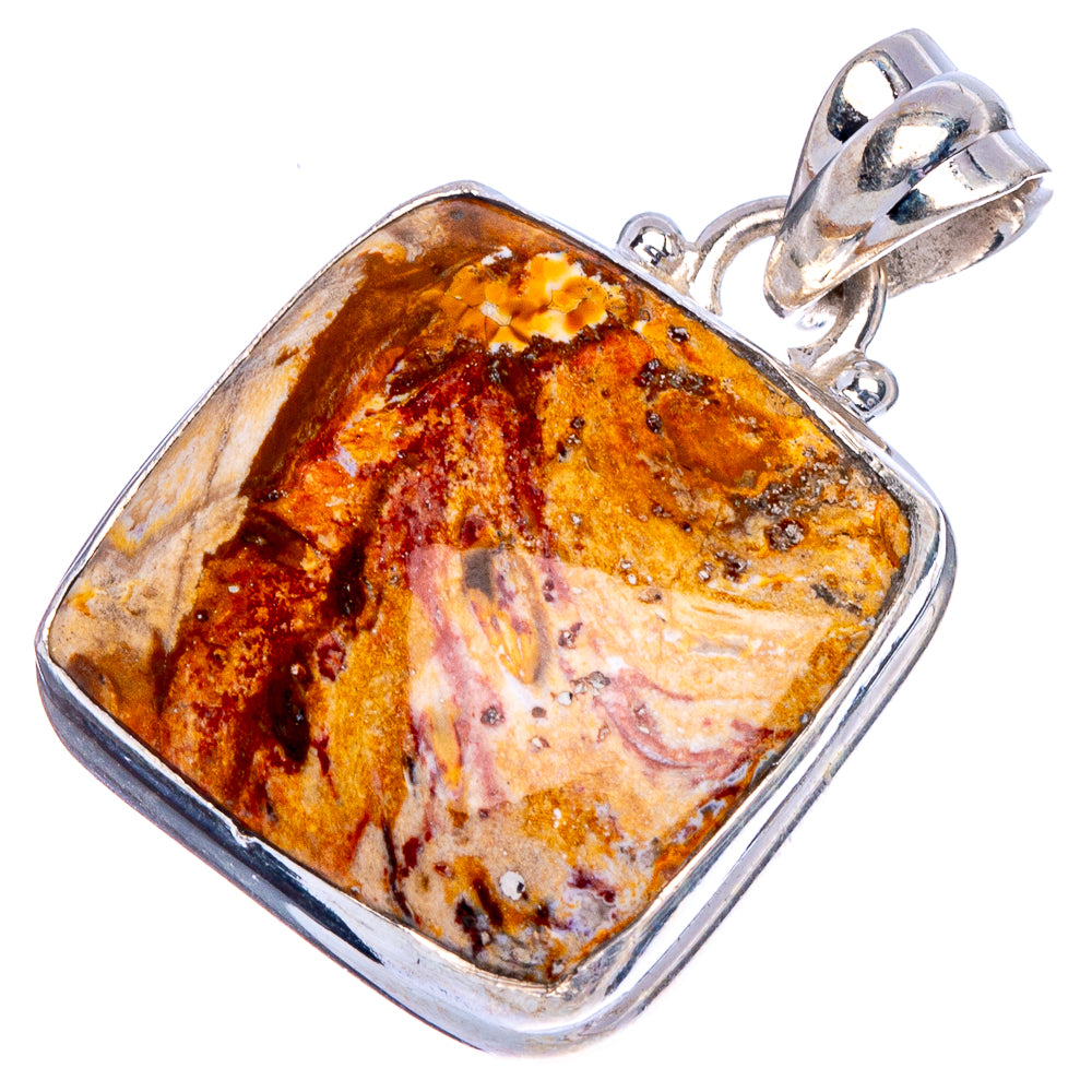 Picture jasper pendant with amber-and-cream mottled cabochon, silver-toned bezel and bail
