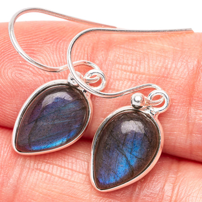 Sterling silver labradorite teardrop earrings with blue flash, outlined bezel and hook backs.